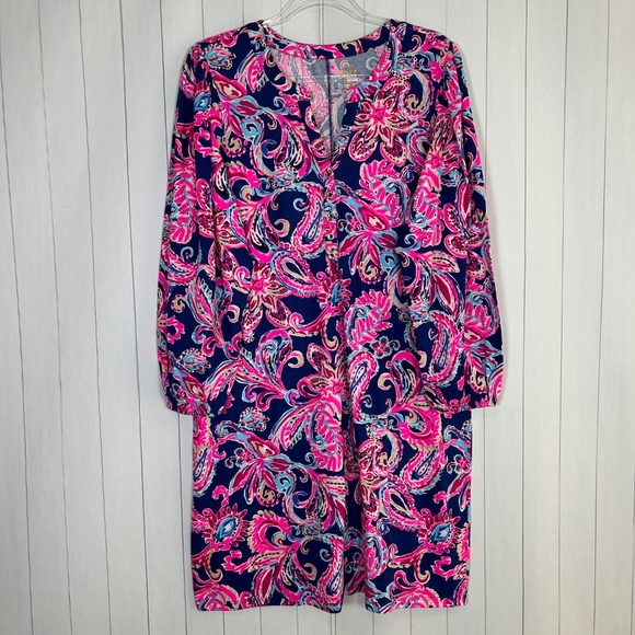 Lilly Pulitzer size XL Emery shift dress pink blue paisley floral cotton 3/4 sl - Picture 3 of 14